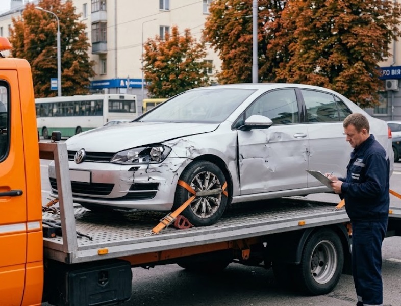 Сучасний евакуатор після ДТП Вінниця транспортує пошкоджений автомобіль на вулиці міста.