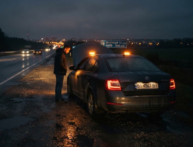 Водій біля зламаного автомобіля на трасі вночі потребує послуги евакуатор Вінниця цілодобово для безпечного транспортування.